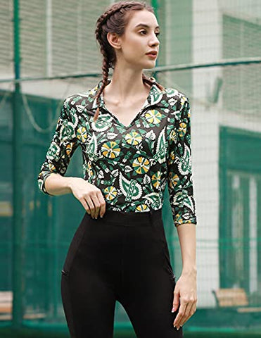 Image of JACK SMITH Women's 3/4 Sleeve Sports Moisture-Wicking Polo Shirt T-Shirt Tops, Cashew Flowers 2#, Large