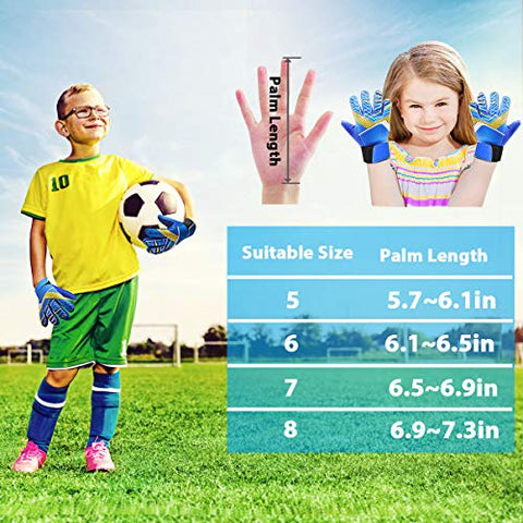 Image of Goalkeeper Goalie Soccer Gloves - Kids & Youth Football Goal Keeper Gloves with Embossed Anti-Slip Latex Palm and Soft PU Hand Back (Blue, 7)