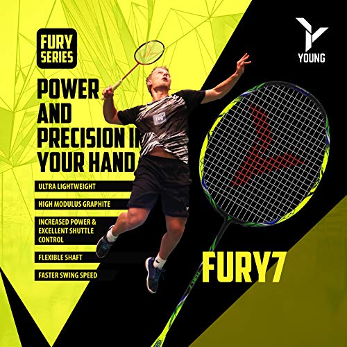 YOUNG (Malaysia) Fury 7 Graphite Lightweight Professional Badminton Racket, Head Light, One Piece High Modulus Graphite , Strung, (Black/Yellow), Includes Full Cover