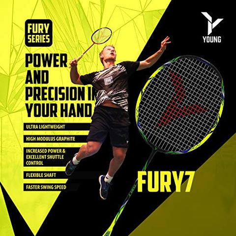 Image of YOUNG (Malaysia) Fury 7 Graphite Lightweight Professional Badminton Racket, Head Light, One Piece High Modulus Graphite , Strung, (Black/Yellow), Includes Full Cover