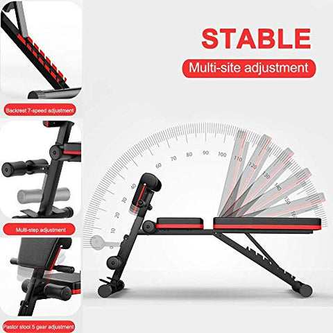 Image of DOLPHY Adjustable Weight Bench for Full Body Workout, Foldable Flat/Incline/Decline Home Gym Exercise Sit up Bench (Red and Black) 100 kg