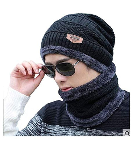 Image of CLUB SPUNKY Men's Woollen Cap with Neck Muffler/Neck Warmer Set (Black, Free Size)