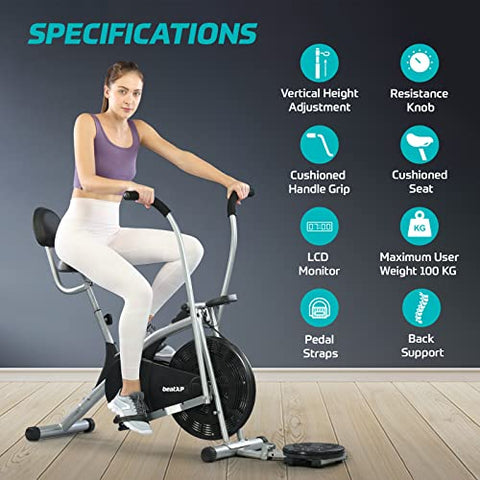 Image of beatXP Typhoon AirTronic 4CM Air Bike Exercise Cycle for Home Workout with Adjustable Cushioned Seat | Moving Handles & Back Support |Curve Frame & Tummy Twister With 6 Months Warranty (Black & Grey)