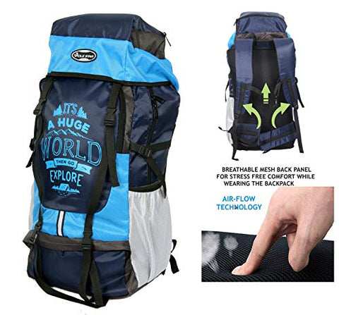Image of POLESTAR Xplore 55 L Hiking/ Trekking/ Camping/ Travelling Rucksack Backpack with rain cover, shoe compartment, suitable for both men & women, water resistant & durable, made with polyester, 1 year warranty - Sky Blue