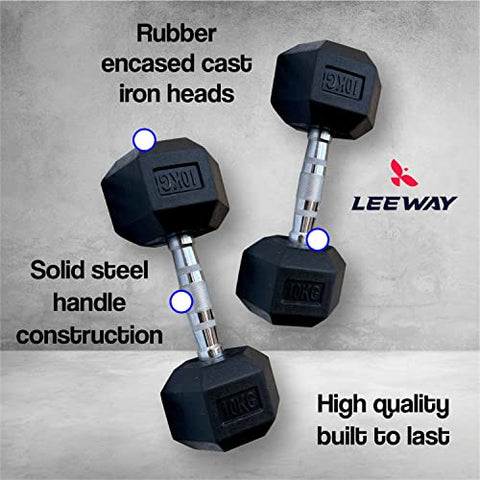 Image of LEEWAY Hex Dumbbells Pack (20 kg*2)| Gym Dumbbells| Rubber Coating Free Weight Dumbbell Set| Rubber Encased Hex Fixed Dumbbell Weight| Professional Rubber Coated Hexa Dumbbells (20Kg Pair)