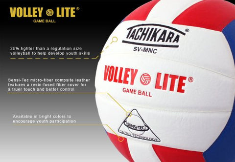 Image of Tachikara SV-MNC Volley-Lite Volleyball with Sensi-Tech Cover, Regulation Size but Lighter (Scarlet/White/Royal).