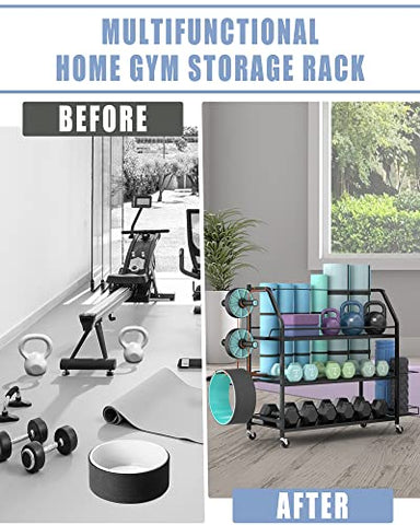 Image of Staransun Home Gym Storage Rack - Weight Rack for Dumbbells - Yoga Mat Storage Rack with Two Extra Side Storage Space - Garage Storage with Caster Wheels - Workout Equipment Organizer - Easy to Assemble