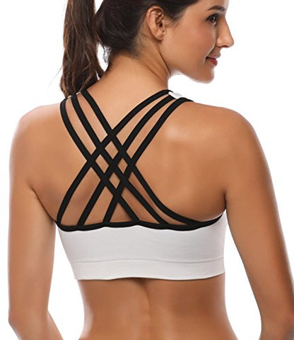 Image of BHRIWRPY Women's Synthetic Padded Strappy Sports Activewear Wire Free Bra for Yoga Running Fitness (Black Grey and White, Small)