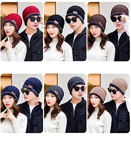 Image of ABlue Clipper Unisex Woollen with Faux Fur Inner Side Beanie Cap and Neck Muffler Winter Combo Set (Black , Free Size )