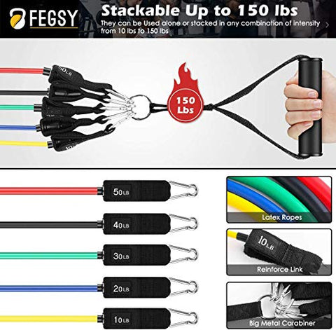 Image of FEGSY Resistance Bands Set for Exercise, Stretching, and Workout Toning Tube Kit with Foam Handles, Door Anchor, Ankle Strap, and Carrying Bag for Men, Women