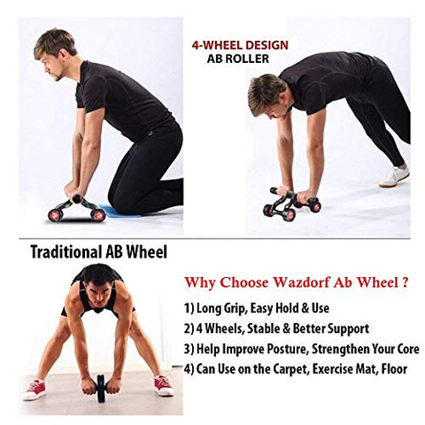 Image of Wazdorf Anti Skid Double Wheel Total Body AB Roller Exerciser for Abdominal Stomach Exercise Training with Knee Mat Steel Handle, Roller for Exercise, Excersice Roller (4 Wheel Roller)
