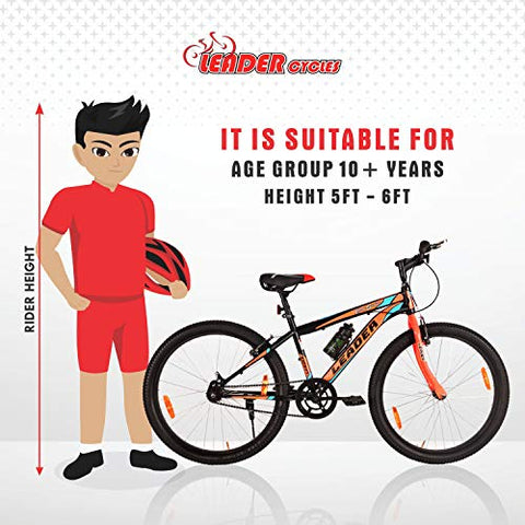 Image of Leader Men's Single Speed Without Gear City Surfer MTB 26T Mountain Bicycle (Black & Orange, Above 10 Years, 18", 26")