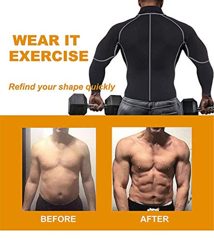 Image of Ursexyly Men Exercise Sweat Hot Dress Shirt, Sauna Suit Neoprene Slimming Fitness Jacket Gym Wear for Core Muscle Training (Black Exercise Shirt, L)