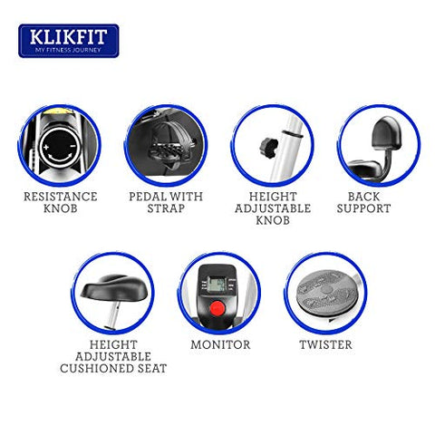 Image of KLIKFIT KF04F Indoor Stationary Air Bike Exercise Cycle with Back Support & Twister Plate with Installation Support for Home Gym Cardio Full Body Weight Loss Workout, Silver, Black