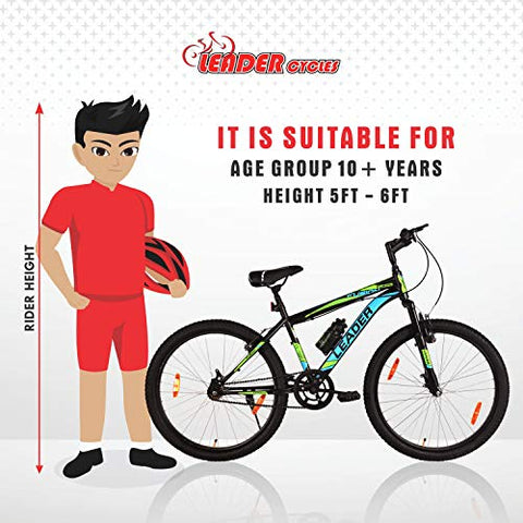 Image of Leader Men's Single Speed & Front Suspension Without Gear Fusion MTB 26T Mountain Bicycle (Black & Green, 18", 26")