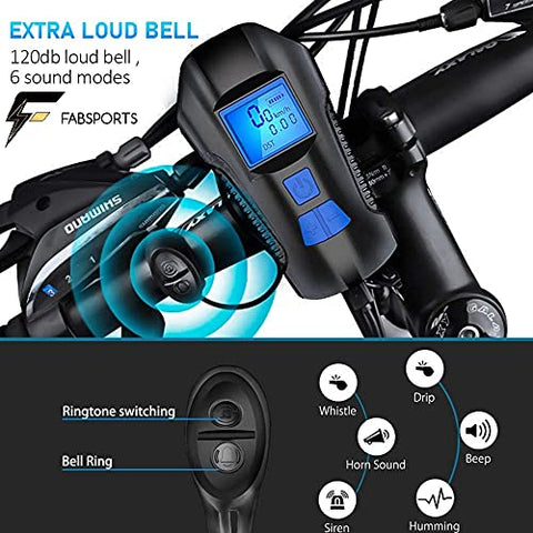Image of FABSPORTS Rechargeable ABS LED Bicycle Front/Head Light with USB with Speedometer, Odometer and is Waterproof, Suitable for All Mountain and Road Bicycle and Bikes (Black)