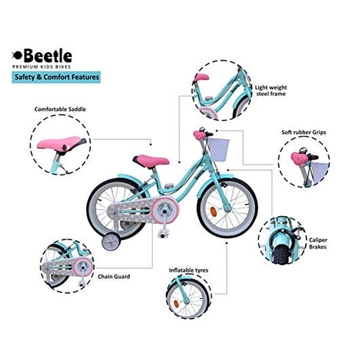 Image of Beetle Bubblegum, 16T, Kids Bike for 5-7 Year olds, Single Speed Cycle with Front Basket and Support Wheels, Height: 3 feet to 4 feet, Blue.