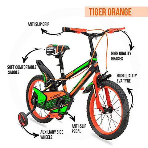 Image of HI-FAST Boys & Girls FIGHTER-16T-Semi-Assembled BMX Bike Cycle with Training Wheels for 5 to 8 Years, 16 inch, Orange