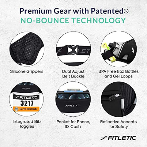 Image of Fitletic Hydra 16 Trail Hydration Belt ‚ Small/Medium, Black | Patented No Bounce Technology for Marathon, Triathlon, Ironman, Trail, 5K, 10K | Running Belt | Race Belt | HD08-C1S