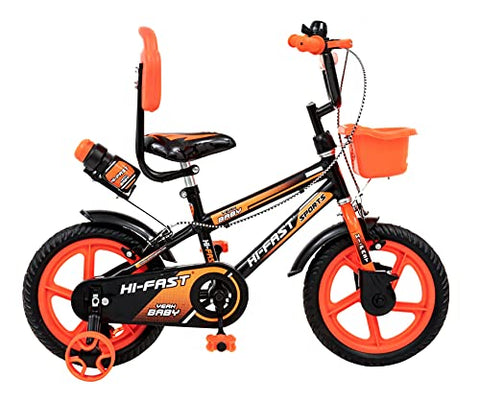 Image of HI-FAST Kids 14 inch Steel Frame Sports BMX Cycle with Training Wheels (Orange, 3 to 5 Years, 90% Assembled)