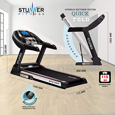 Image of Stunner Fitness STX-360 2.0 HP (4.0 HP Peak) Motorised Treadmill with Auto Inclination & Auto Lubrication System, MP3, Smart Phone App for Cardio Workout at Home (Free Installation Assistance)