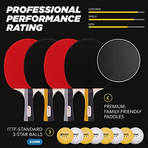 Image of AQamerZ Complete Ping Pong Paddle Set - Portable Table Tennis Kit with Retractable Net, 4 x Ping Pong Paddles, 8 Balls, 4 x Sweat Bands, Carry Case - Tabletop Pingpong Racket Equipment and Accessories