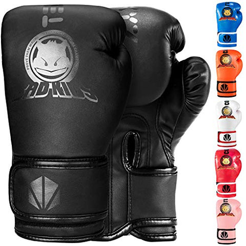 Image of TEKXYZ Bad Kids Series Boxing Gloves 4 OZ, Black - Synthetic Leather Kids Boxing Training Gloves with Vivid Color for Boys and Girls Age 3 to 12 Years Old
