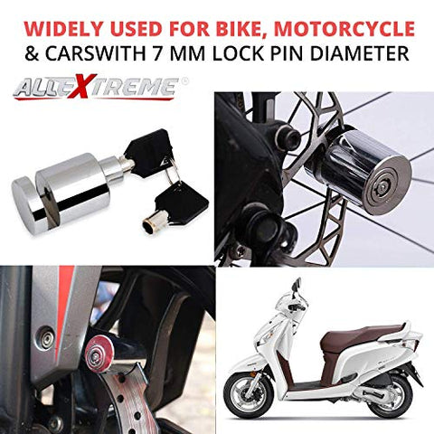 Image of Allextreme EXHDBL1 Stainless Steel Heavy Duty Painted Finish Disc Brake Anti Theft 7mm Pin Wheel Locking Security Lock for Bike and Motorcycle (Chrome )