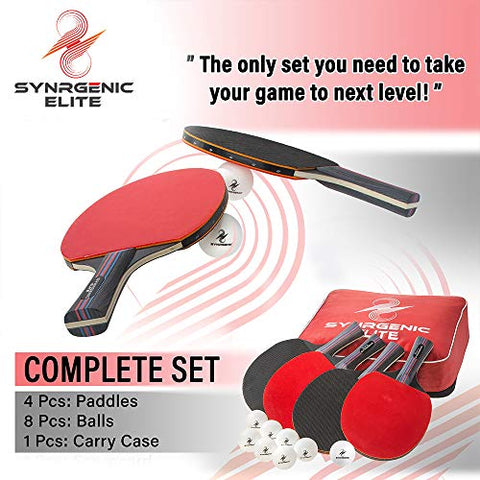Image of Synrgenic Table Tennis Paddle Set - 4 Professional Ping Pong Rackets, 8 Professional ITTF Game Balls, Foldable Scorecard, and Portable Cover Bag - Ergonomic Wooden Bats for Powerful Speed and Spin
