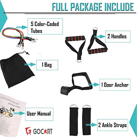 Image of GOCART WITH G LOGO 9 pcs Resistance Band Set - with Door Anchor, Handles, Stackable Up to 80lbs - for Resistance Training, Physical Therapy, Home Workouts