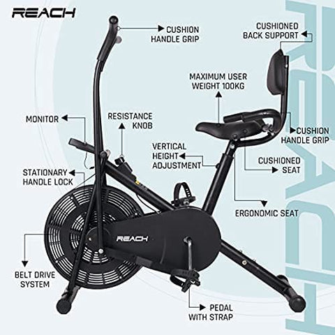 Image of Reach AB-110 BH Air Bike Exercise Cycle with Moving or Stationary Handle | with Back Support Seat & Side Handle for Support | Adjustable Resistance with Cushioned Seat | Fitness Cycle for Home Gym
