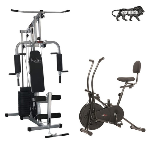 Image of Lifeline Fitness HG-002 Home Gym Machine with 72kg Weight Stack with LE-103BS Air Bike with Back Support for Complete Home Gym Setup,