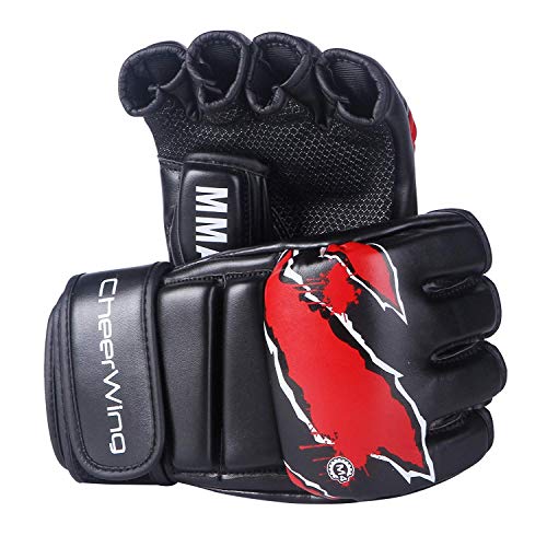 Cheerwing Boxing Gloves MMA UFC Sparring Grappling Fight Punch Mitts  Leather Training Gloves, Black