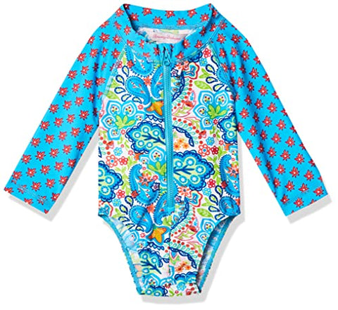 Image of Tommy Bahama Girls' UV Protection 1-Piece Swimsuit Bathing Suit, Turq Tropical, 3/6MO