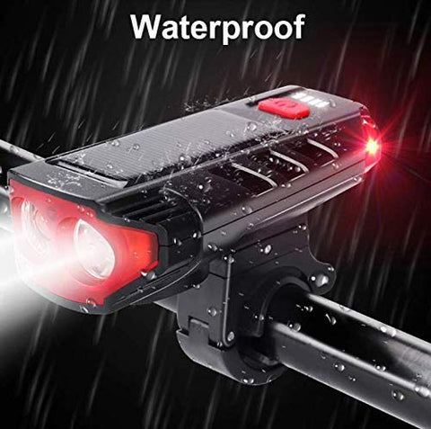 Image of Lista Bicycle Horn 2 Eyes Front Light Solar with USB Charging Battery Bike Light with Two Back Lights, Plastic, Black