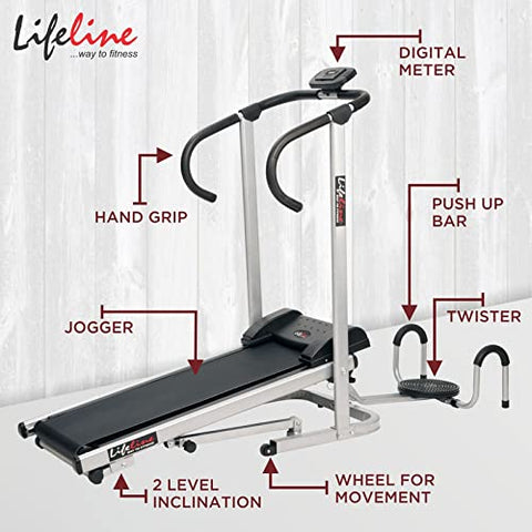 Image of Life Line 3 In1 Fitness Manual Treadmill with Twister and Pushup Bar for Weight Loss at Home (Silver, Black)