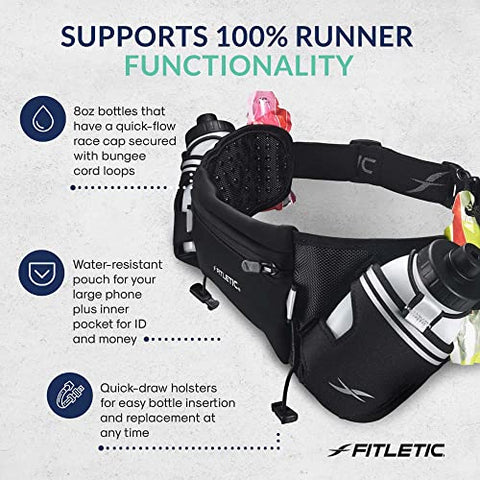 Image of Fitletic Hydra 16 Trail Hydration Belt ‚ Small/Medium, Black | Patented No Bounce Technology for Marathon, Triathlon, Ironman, Trail, 5K, 10K | Running Belt | Race Belt | HD08-C1S