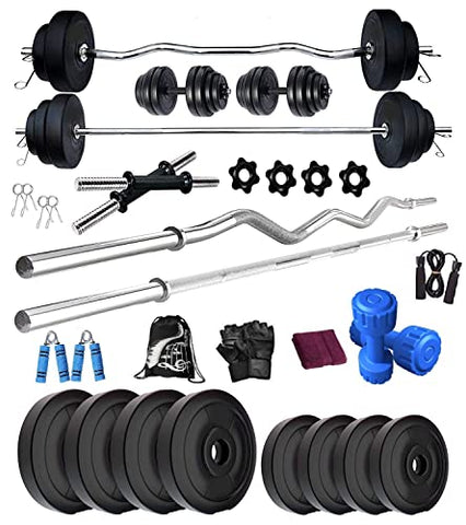 Image of BodyFit B-30 Kg Weight Plates Rods Leather Gym Gloves Set Dumbbell Exercise Set (multicolour, 1 X 5ft, 1 X 3ft, 2 X 14-Inch)