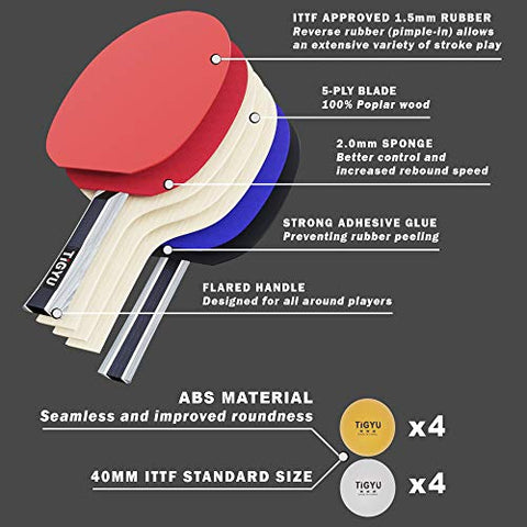 Image of Tigyu Ping Pong Paddle Set of 4 - Table Tennis Paddles - Ping Pong Net for Any Table - Table Tennis Balls - 4 Over Grips - Storage Case