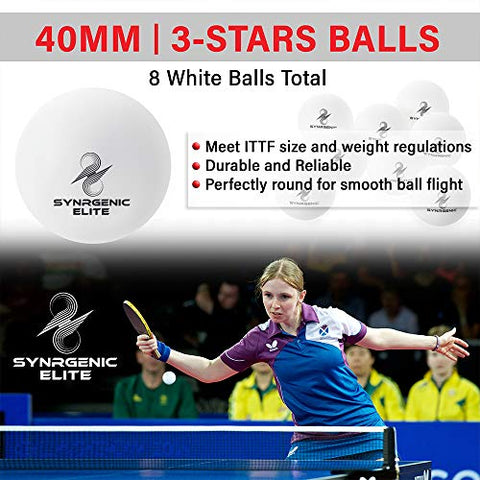 Image of Synrgenic Table Tennis Paddle Set - 4 Professional Ping Pong Rackets, 8 Professional ITTF Game Balls, Foldable Scorecard, and Portable Cover Bag - Ergonomic Wooden Bats for Powerful Speed and Spin