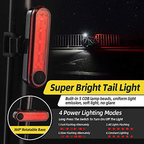 Image of VICTGOAL USB Rechargeable Bicycle Light Set 400 Lumen Super Bright Headlight Front Lights and Back Rear LED 4 Light Mode Road Cycling Safety Flashlight Runtime 4+ Hours (Black)