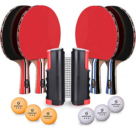 Image of Sportout 4 Player Ping Pong Paddle Set, Table Tennis Paddle Set with Retractable Net, Balls and Portable Case, Perfect for Home Indoor or Outdoor Play