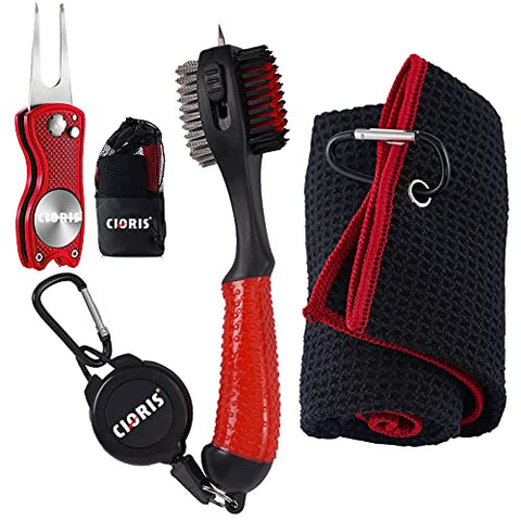 Image of YK Golf Groove Cleaning Tool Set - Microfiber Waffle Pattern Golf Towel | Retractable Club Groove Cleaner Brush | Foldable Divot Tool with Magnetic Ball Marker