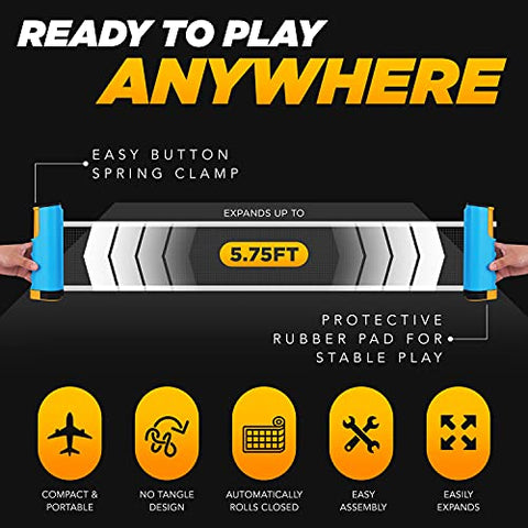Image of AQamerZ Complete Ping Pong Paddle Set - Portable Table Tennis Kit with Retractable Net, 4 x Ping Pong Paddles, 8 Balls, 4 x Sweat Bands, Carry Case - Tabletop Pingpong Racket Equipment and Accessories