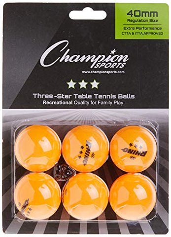 Image of Champion Sports 3 Star Table Tennis Ball Pack, Tournament Size - Orange Ping Pong Balls, Set of 6, with 40mm Seamless Design - Professional Table Tennis Equipment, Accessories - CTTA and ITTA Approve