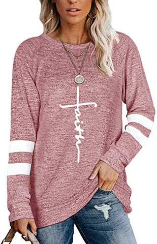 Image of AELSON Womens Long Sleeve Sweatshirts Crewneck Color Block Sweaters Tunic Tops Faith Print Shirts