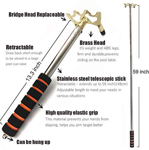 Image of Tai ba cues Retractable Billiards Pool Cue Stick Bridge with 3 Replaceable Brass Bridge Head, Billiards Pool Cue Accessory