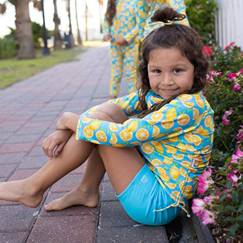 Image of SwimZip Girl 3 Piece Long Sleeve Rash Guard, Tankini & Shorts - Lemons - 10-12