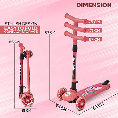 Image of Funbee Phoenix Skate Scooter for Kids, 3 Wheel Kids Scooter with Foldable & Three Height Adjustable Handle, 3 Flashing LED PU Wheels | Kick Skating Scooter for Kids 3 to 6 Years Boys Girls (Dark Pink)
