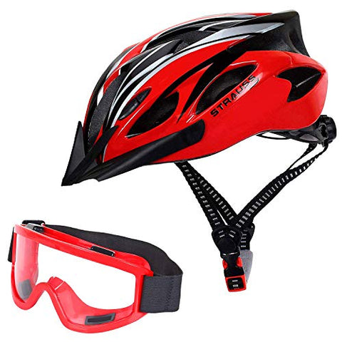Image of Strauss Cycling Helmet, (Black/Red) with Strauss Offroad Motorcycle/Bike Goggle, (Red)
